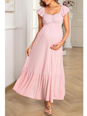 Pink Maternity Maxi Dress with Ruffled Cap Sleeves NWT